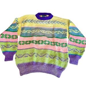 Vintage Handmade 100% Alpaca KnitColorful Pastel Patterned Women's Sweater L
